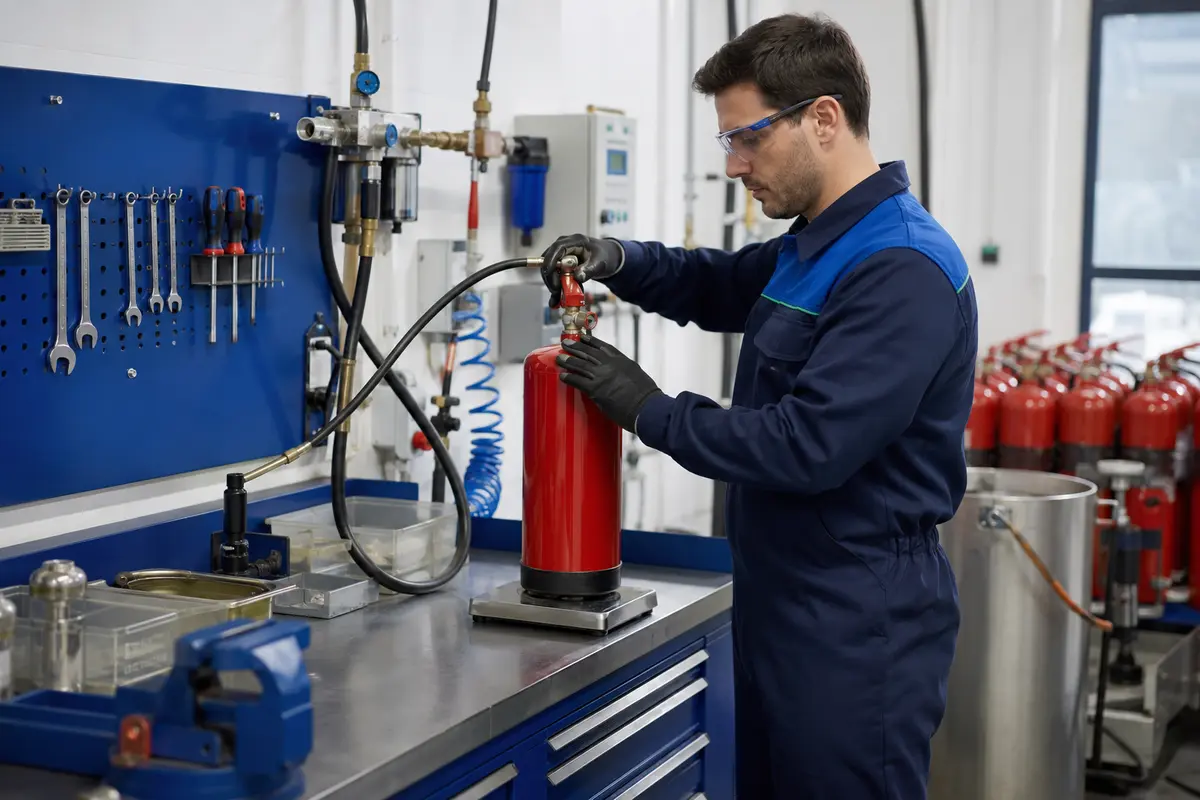 Fire-extinguisher refill weighing and servicing support