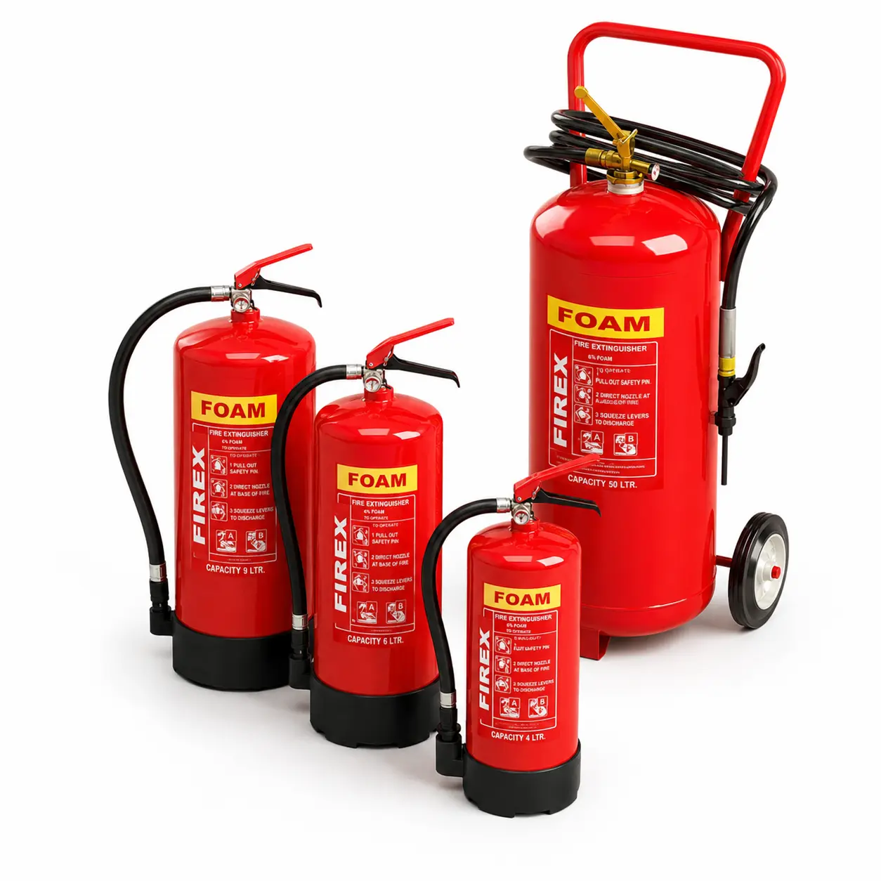 Firex foam extinguishers available in multiple capacities for suitable solid and flammable-liquid fire risks.