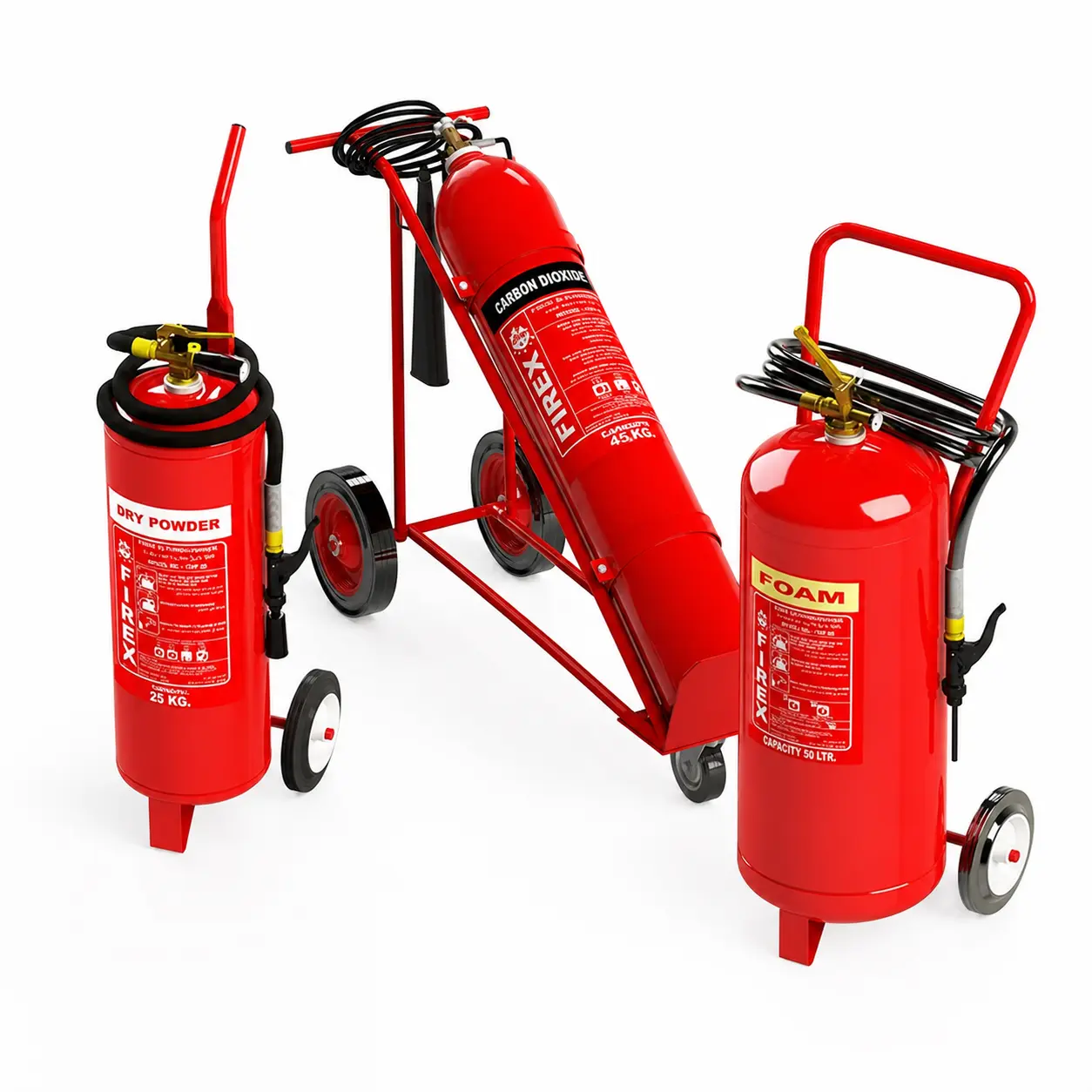 High-capacity Firex wheeled extinguishers available in dry-powder, CO₂ and foam configurations.