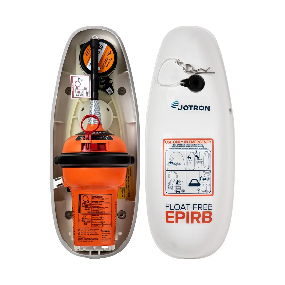 Jotron Tron 60AIS emergency beacon with float-free protective bracket.