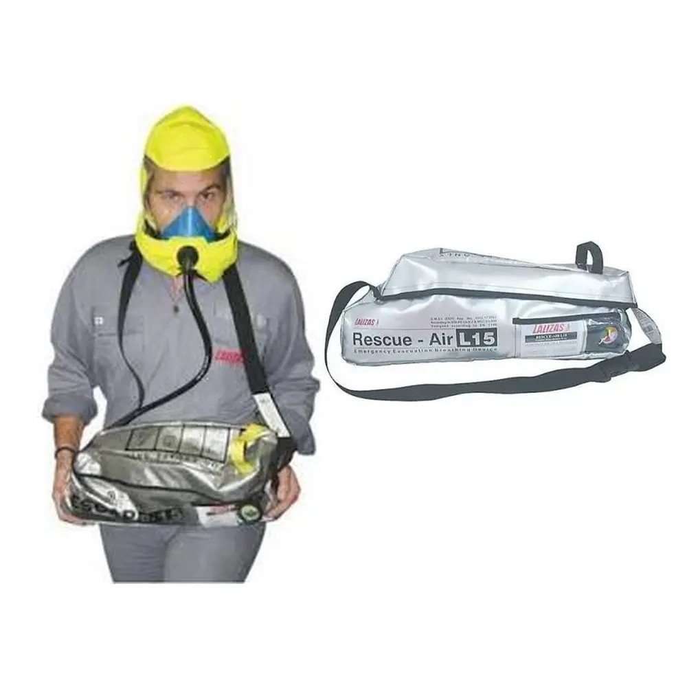 Emergency escape breathing device shown ready for use and compact onboard storage.