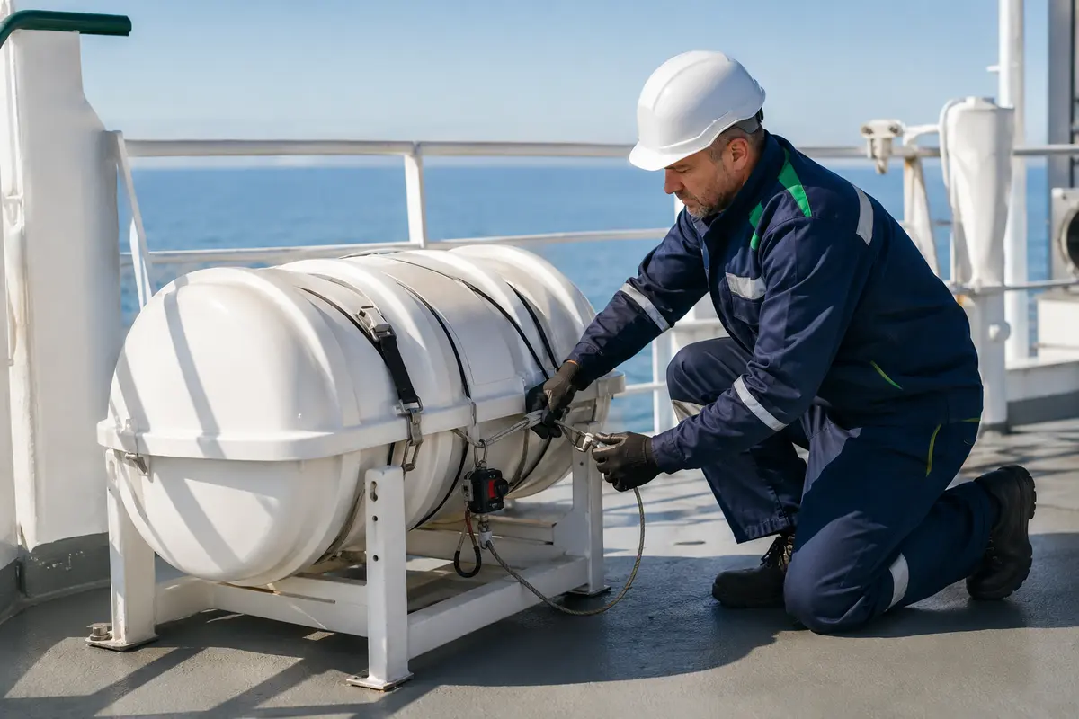 Liferaft container cradle and hydrostatic-release installation