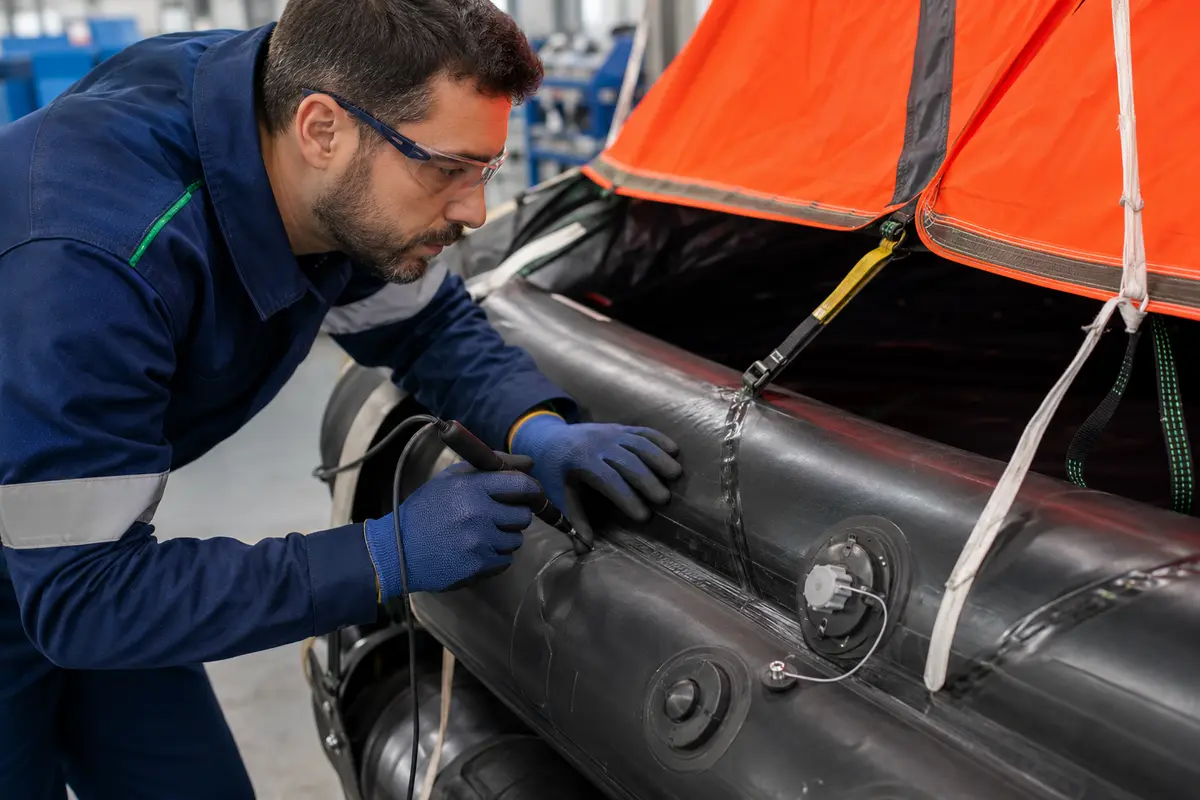Liferaft floor seam fabric and valve inspection