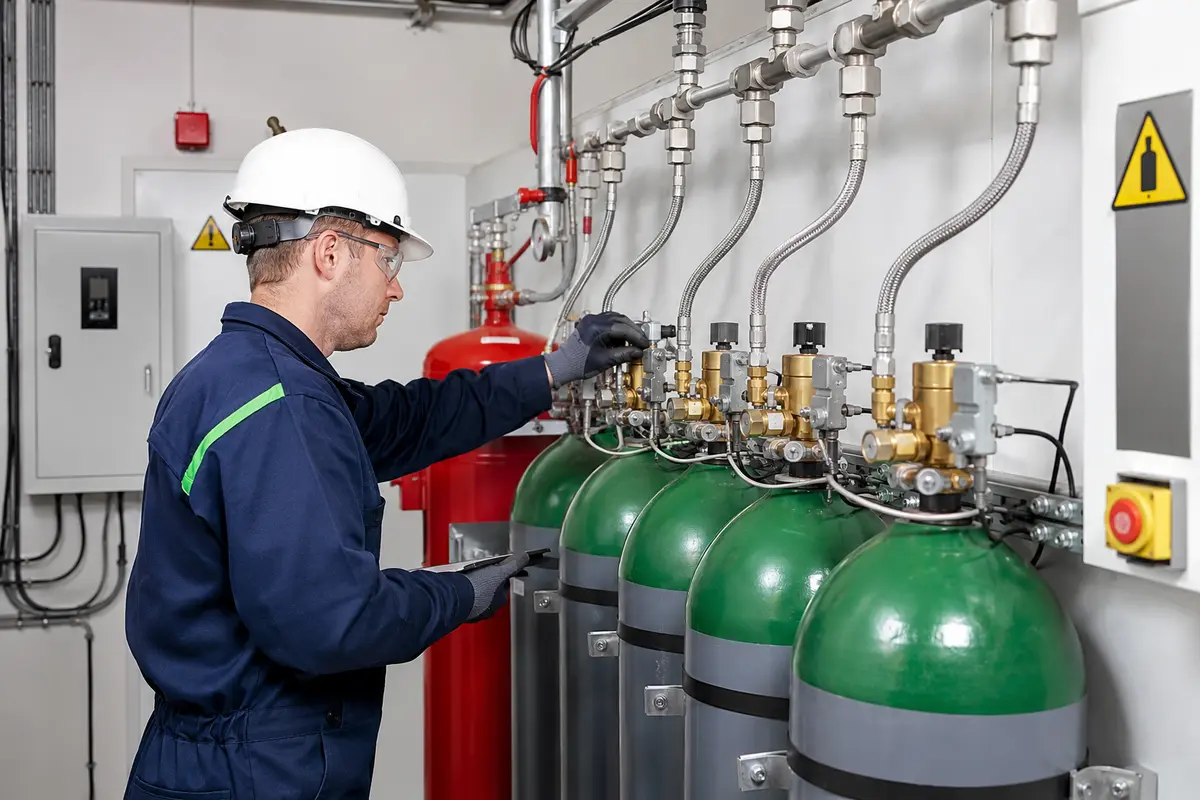 Fixed CO2 cylinder room valves manifolds and release system