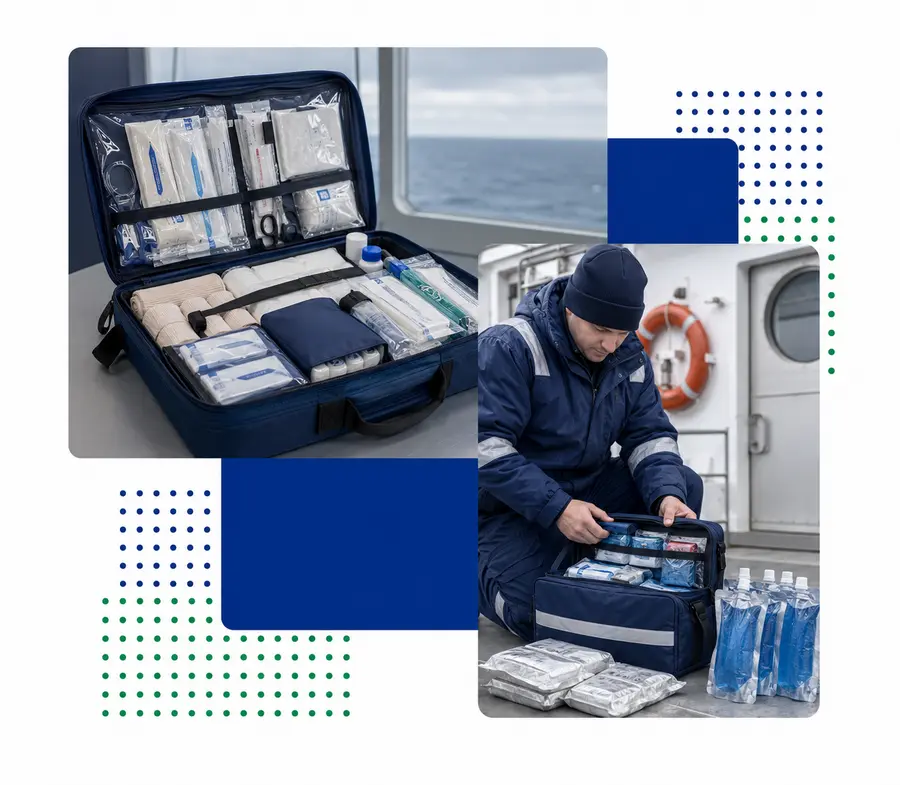 Marine first-aid kit and emergency medical supplies for vessels