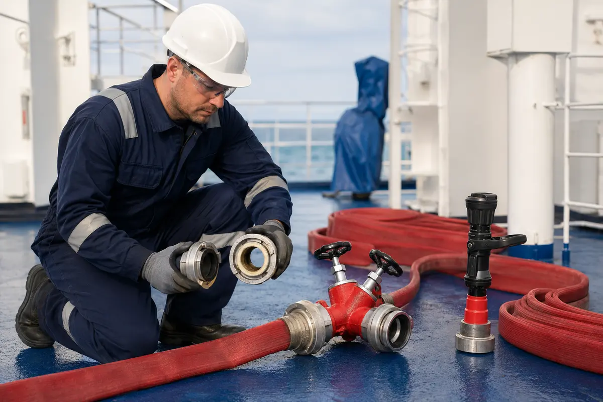 Marine fire-hose coupling nozzle and cabinet inspection