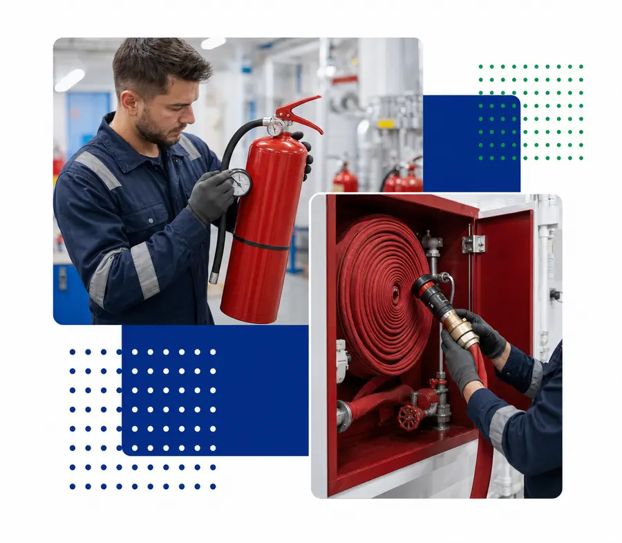 Technician inspecting fire extinguisher and marine fire-hose equipment