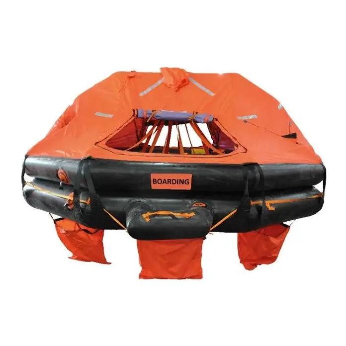 Deployed inflatable liferaft designed for emergency evacuation and survival at sea.