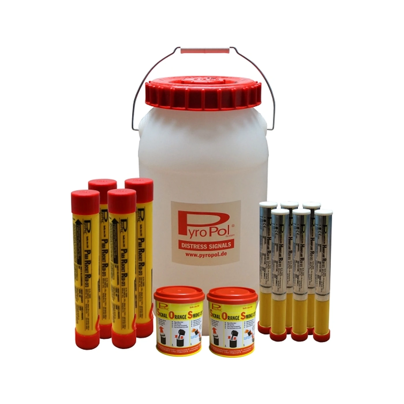 Emergency pyrotechnic signal pack for survival craft and evacuation preparedness.