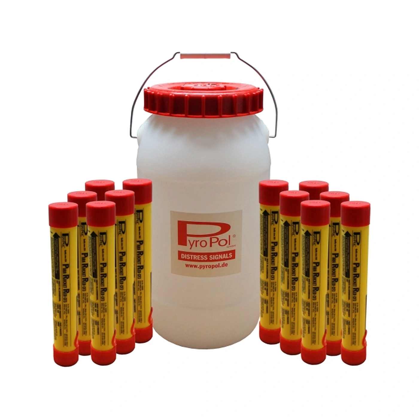 Marine distress signal kit containing visual emergency signalling equipment.
