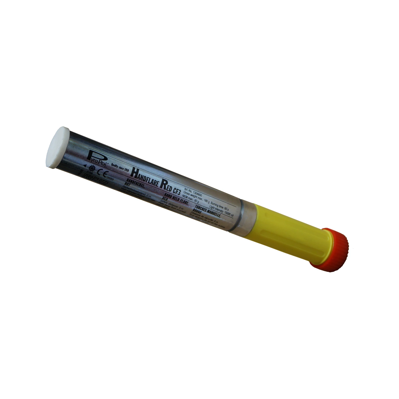 Bright red handheld flare for attracting attention during marine emergencies.