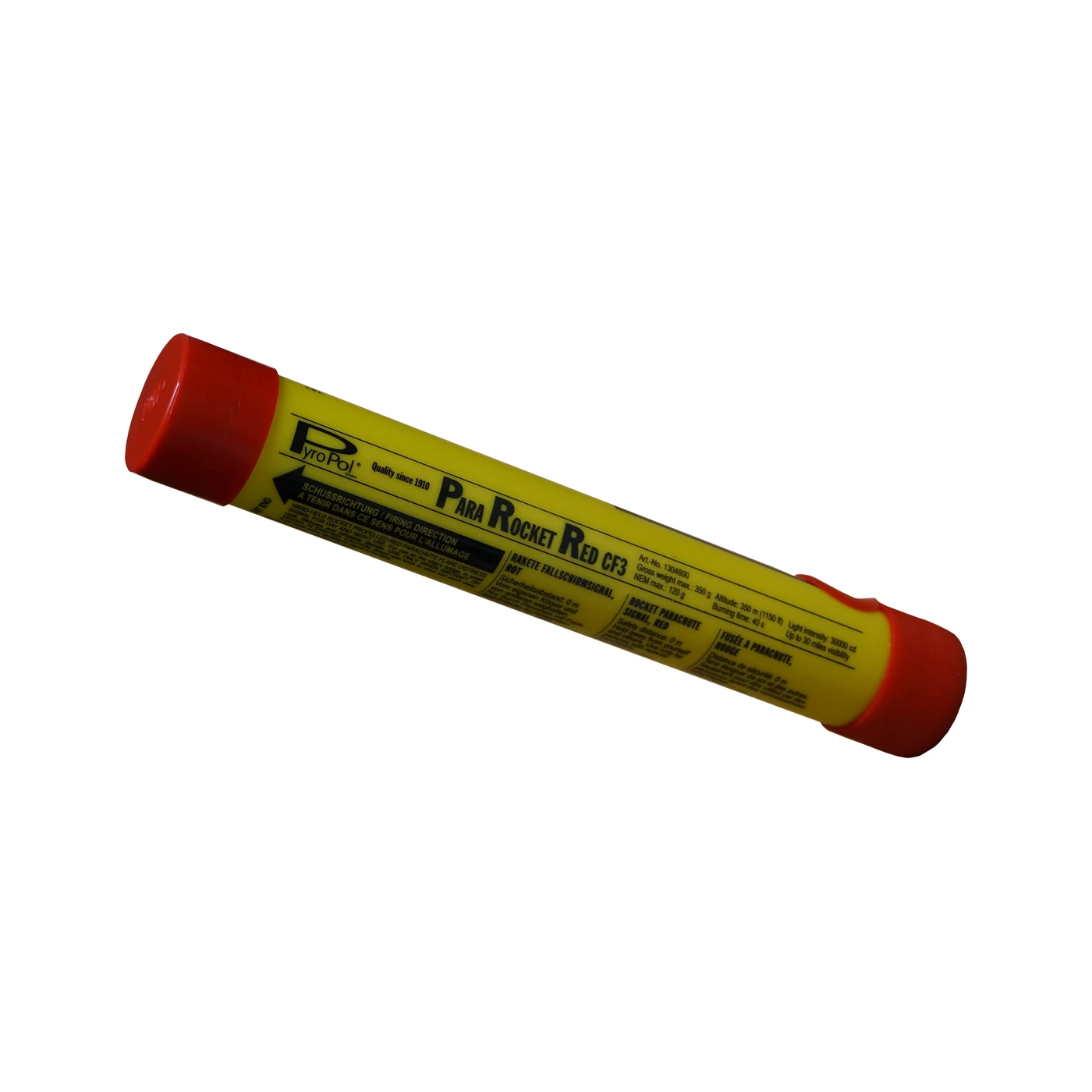 High-visibility rocket parachute flare for long-range marine emergency signalling.