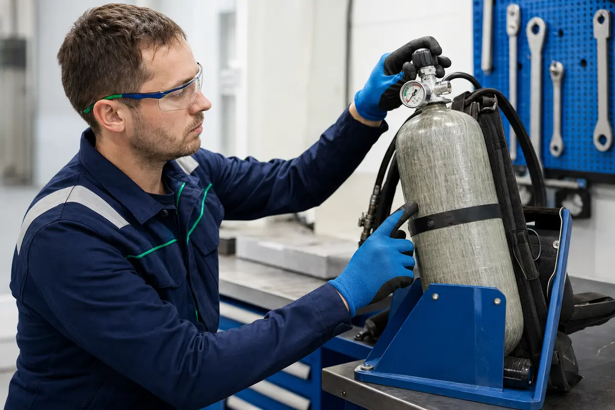 SCBA cylinder valve pressure and condition inspection