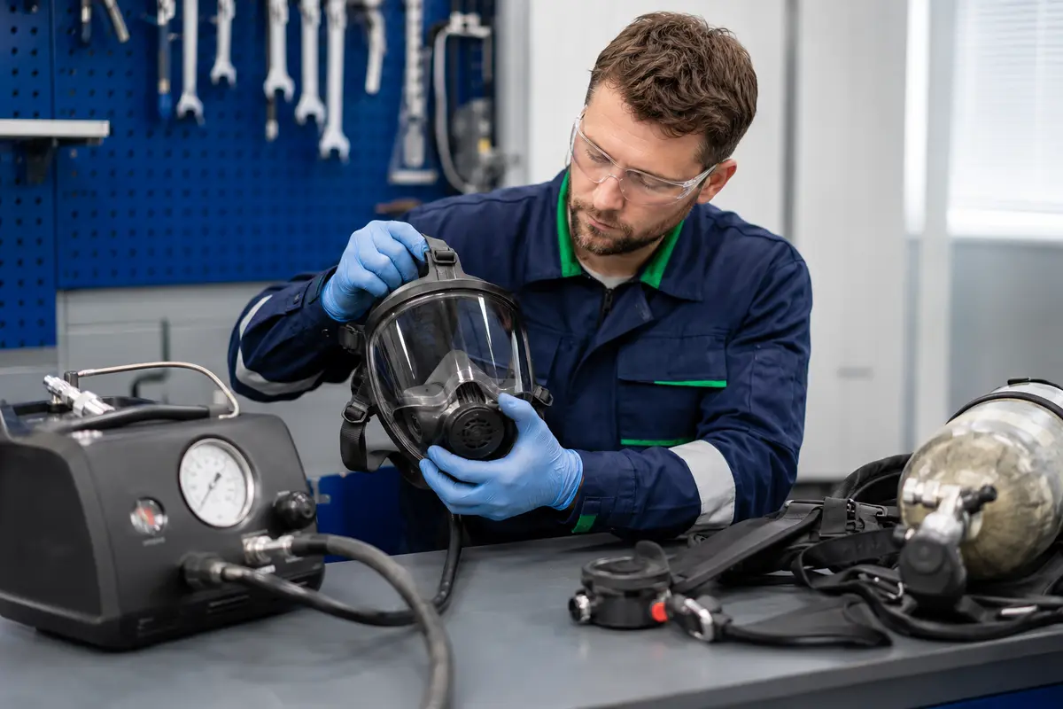 SCBA face-mask regulator and warning-alarm inspection