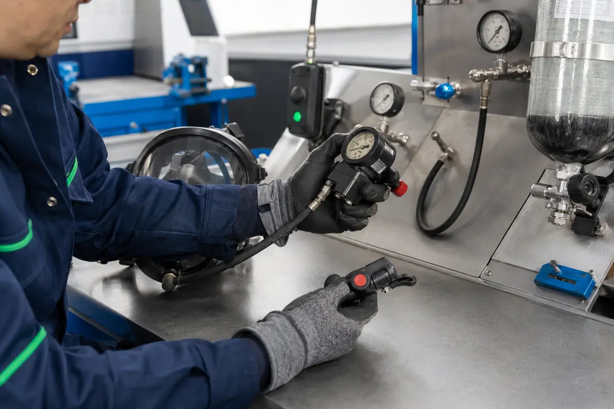 SCBA regulator pressure gauge and low-air alarm testing