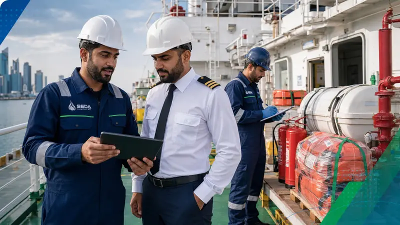 SEDA team coordinating marine safety equipment supply aboard a vessel in Qatar