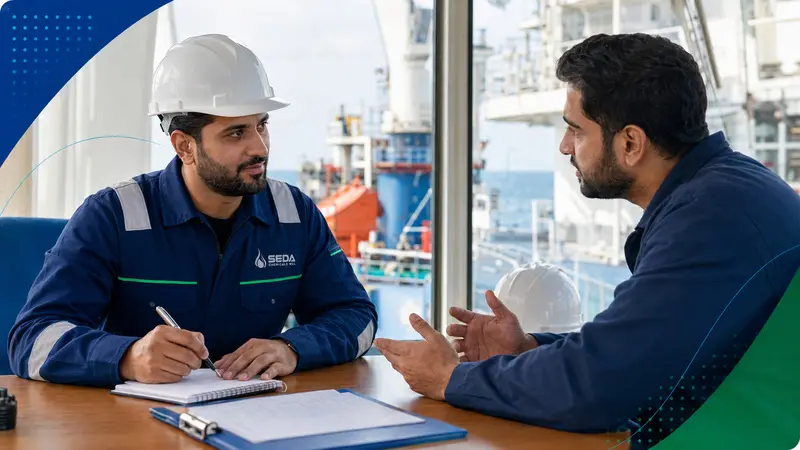 SEDA representative listening to a client’s marine safety requirements aboard a vessel