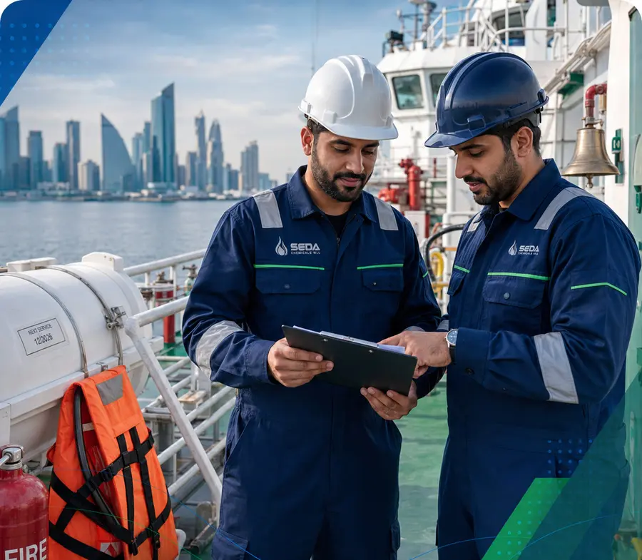 SEDA marine safety team inspecting life-saving and firefighting equipment aboard a vessel in Qatar